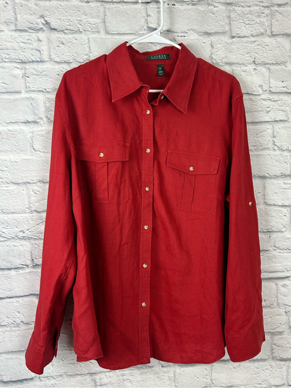 Lauren Ralph Lauren 2X Red 100% Linen Utility Button Down Shirt Roll Tab
